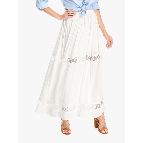 Allegra K White Maxi Skirt L Lace Insert A-Line Boho Cottagecore Elastic Waist - Picture 1 of 11